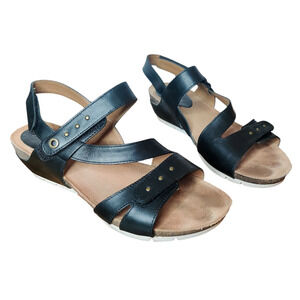 Josef Seibel Hailey 33 Black Leather Wedge Comfort Sandals Size 40 Studded